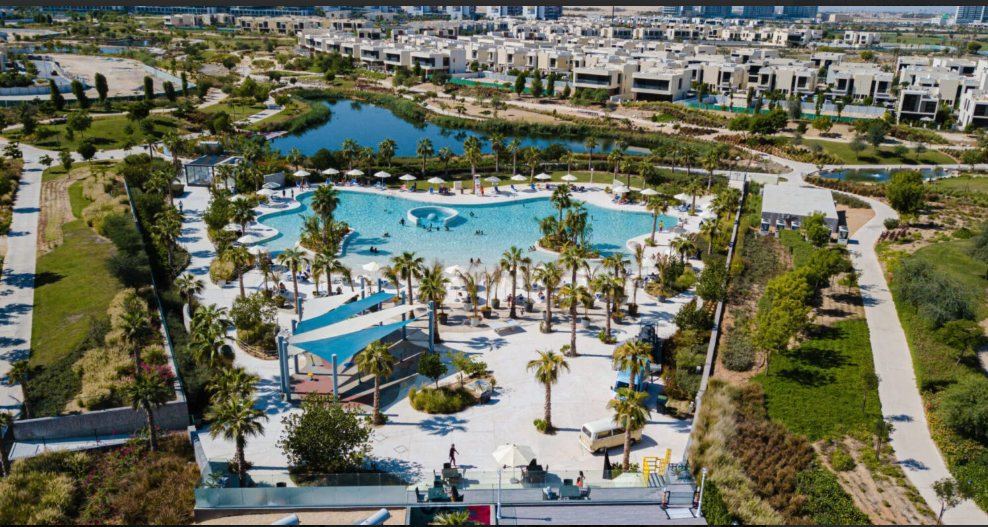 Lagoon pool with palm trees and sun loungers in DAMAC Hills